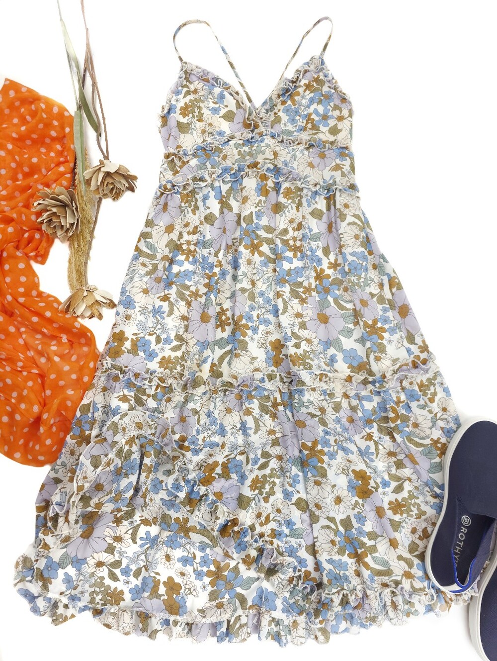 Altar'd State Floral Spaghetti-Strap Summer Dress in Blue, Mustard & Cream Sz M